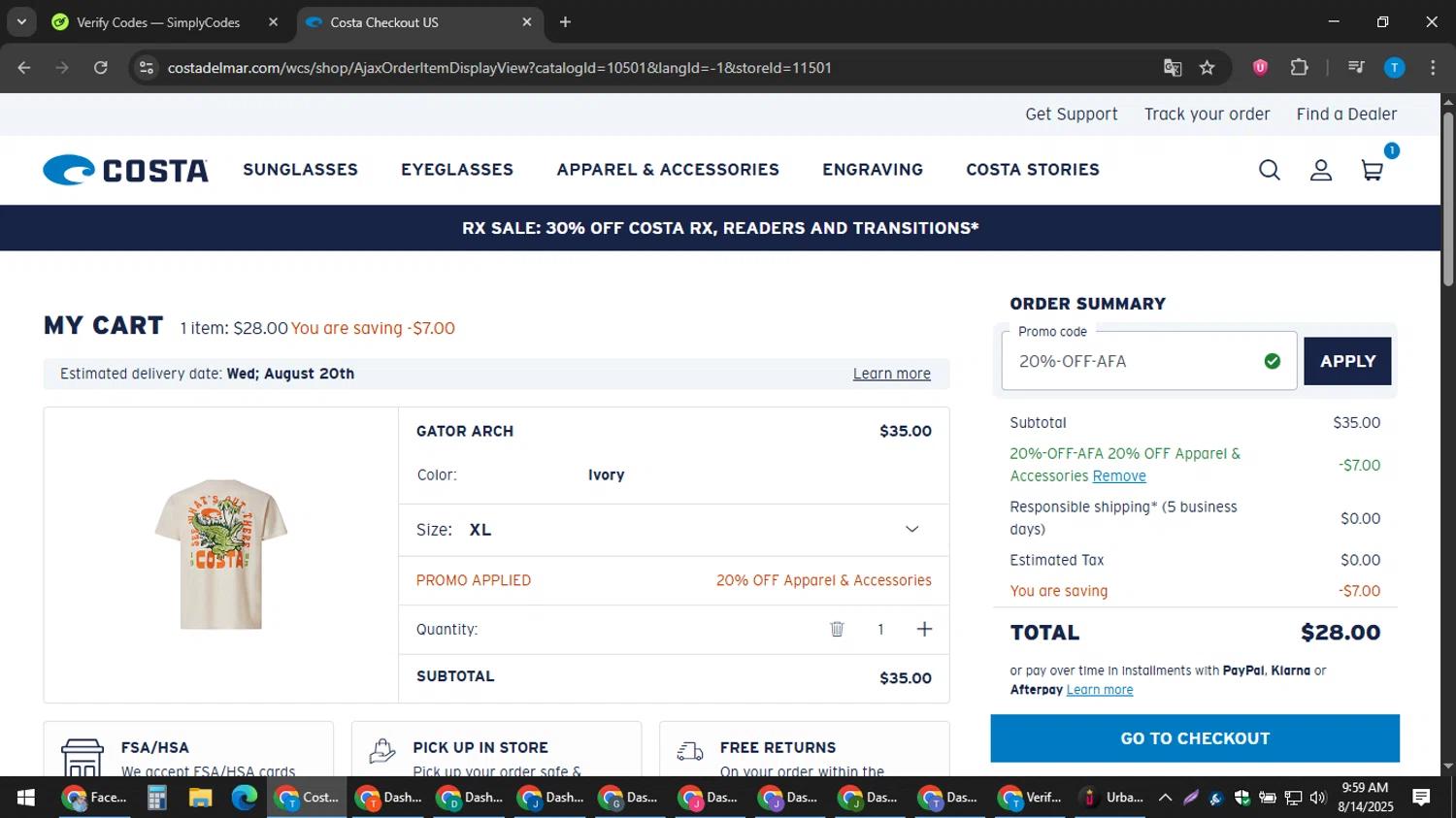 Costa Sunglasses promo code screenshot showing code 20%-OFF-AFA applied at Costa Sunglasses checkout page. Uploaded by SimplyCodes community member hankt1521 on Aug 14, 2025