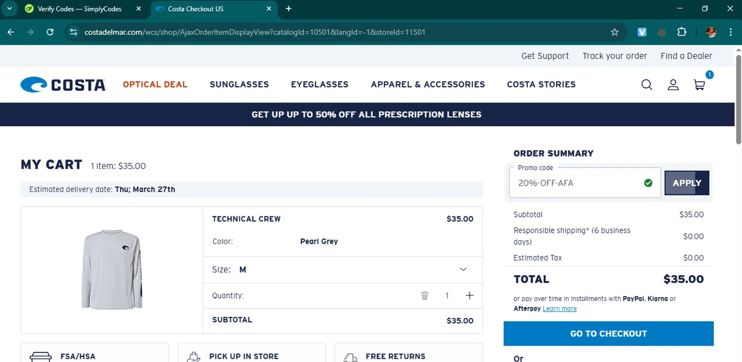 Costa Sunglasses promo code screenshot showing code 20%-OFF-AFA applied at Costa Sunglasses checkout page. Uploaded by SimplyCodes community member samuelgomez2 on Mar 18, 2025