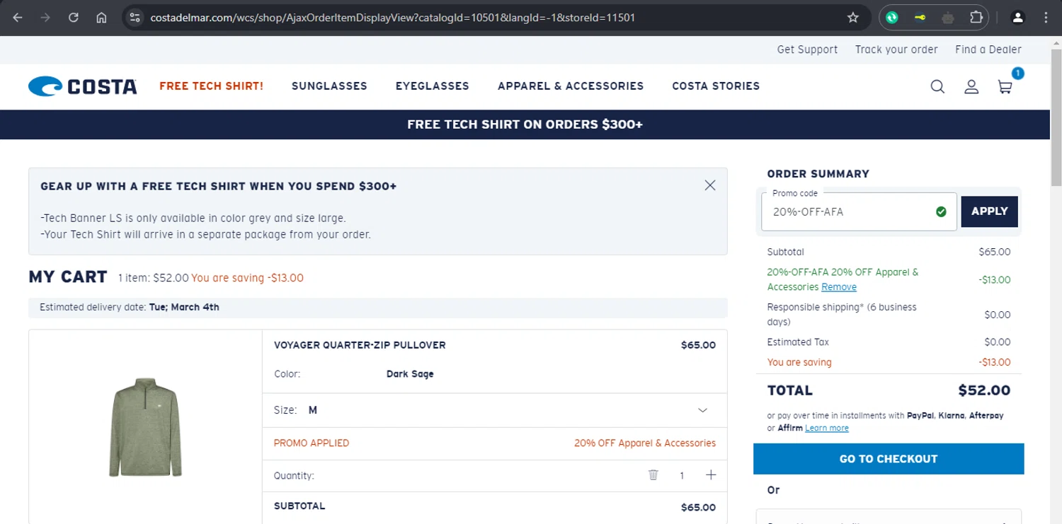 Costa Sunglasses promo code screenshot showing code 20%-OFF-AFA applied at Costa Sunglasses checkout page. Uploaded by SimplyCodes community member xaswqe on Feb 23, 2025