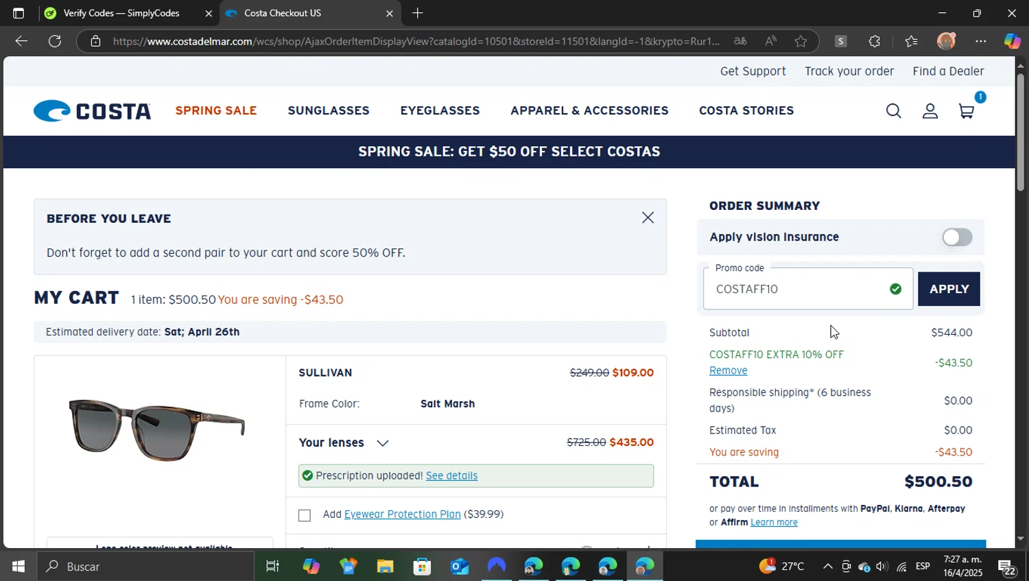 Costa Sunglasses promo code screenshot showing code COSTAFF10 applied at Costa Sunglasses checkout page. Uploaded by SimplyCodes community member ShieldEagle9436 on Apr 16, 2025