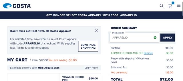 Costa Sunglasses checkout page showing Costa Sunglasses promo code box | Screenshot taken by SimplyCodes community member on Aug 19, 2025