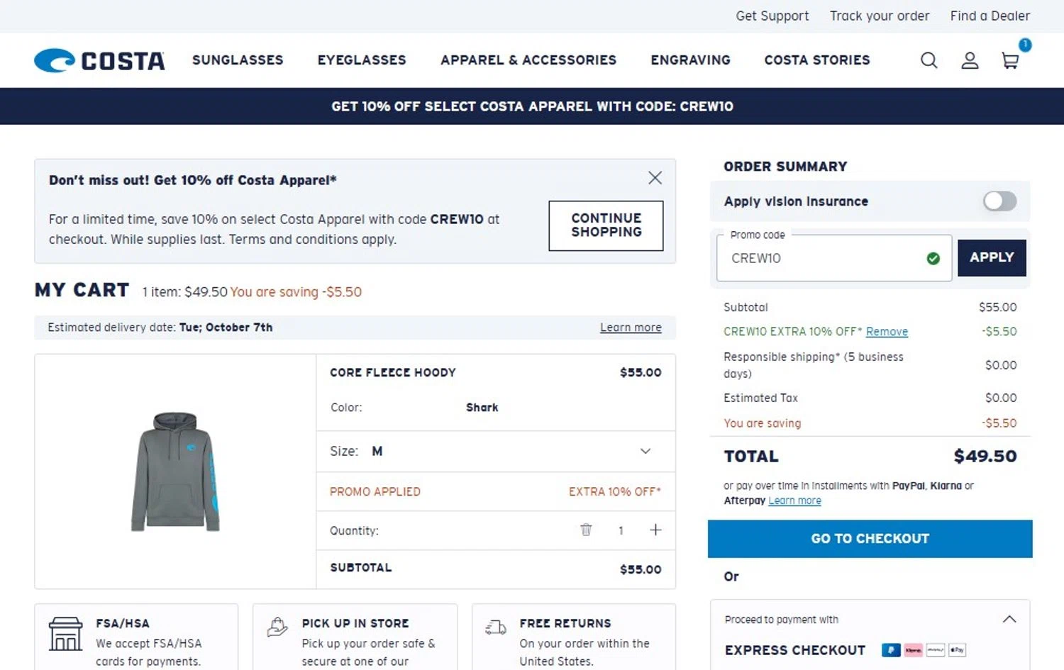 Costa Sunglasses checkout page showing Costa Sunglasses promo code box | Screenshot taken by SimplyCodes community member on Oct 1, 2025