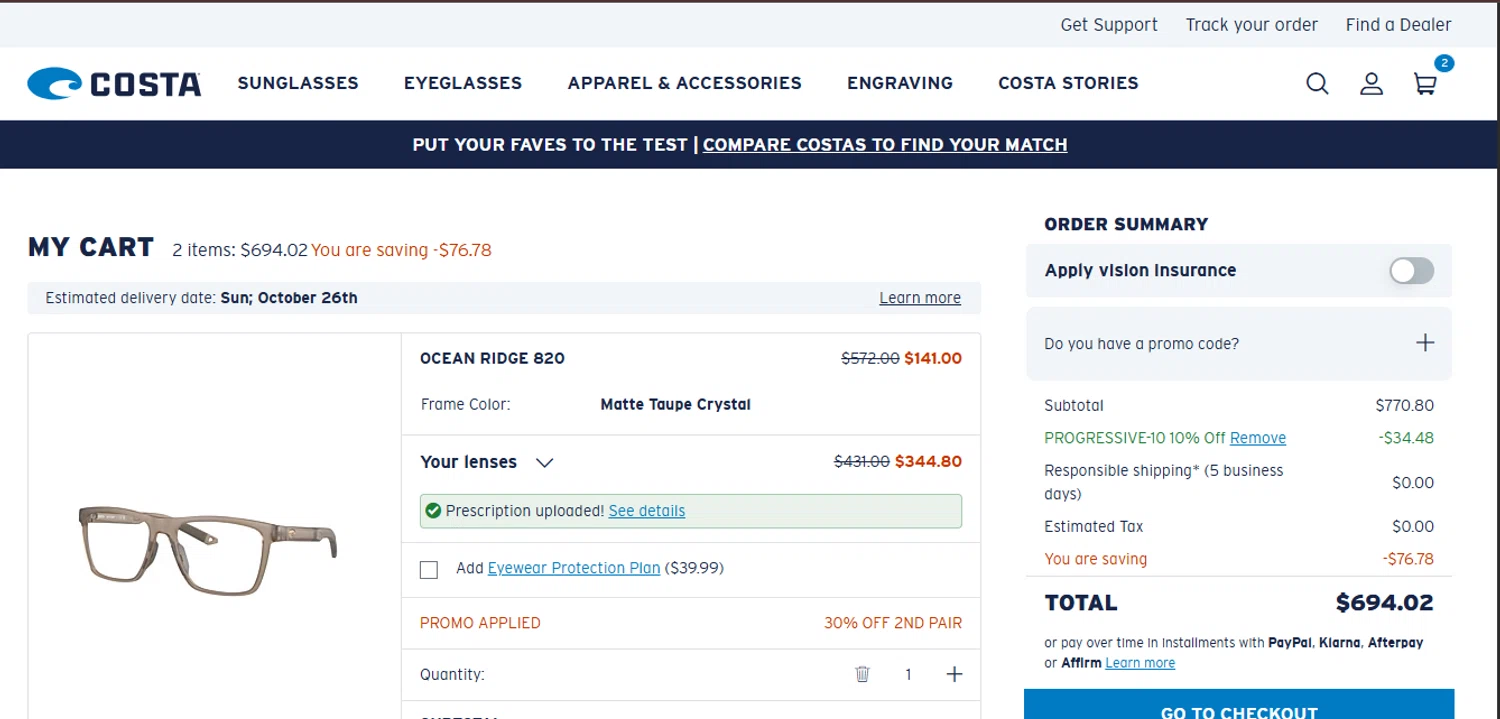 Costa Sunglasses promo code screenshot showing code PROGRESSIVE-10 applied at Costa Sunglasses checkout page. Uploaded by SimplyCodes community member juanisaac on Oct 12, 2025