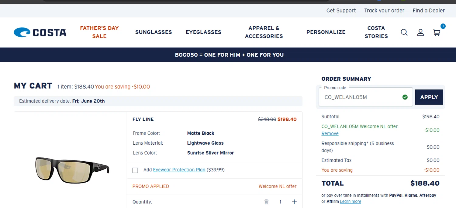 Costa Sunglasses promo code screenshot showing code CO_WELANL05M applied at Costa Sunglasses checkout page. Uploaded by SimplyCodes community member ashe1986 on Jun 12, 2025