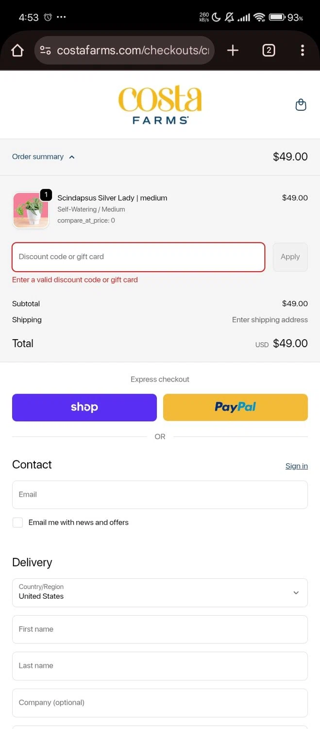 Costa Farms discount code screenshot showing code KOSSI15 applied at Costa Farms checkout page. Uploaded by SimplyCodes community member Jutdcv on Nov 3, 2025