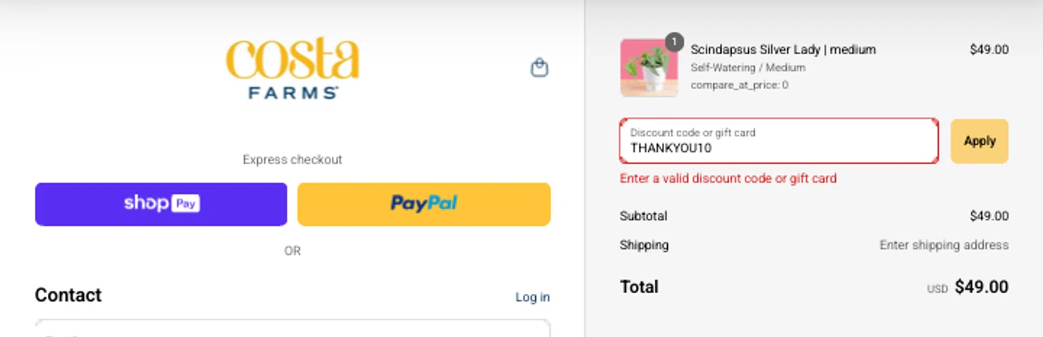 Costa Farms discount code screenshot showing code THANKYOU10 applied at Costa Farms checkout page. Uploaded by SimplyCodes community member MarkGrayson on May 6, 2025