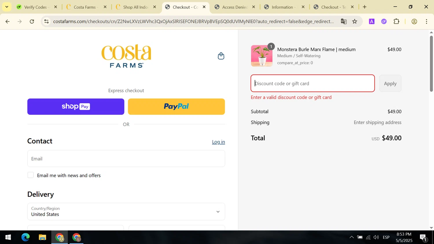 Costa Farms discount code screenshot showing code THANKYOU10 applied at Costa Farms checkout page. Uploaded by SimplyCodes community member PromoPioneer7268 on May 6, 2025