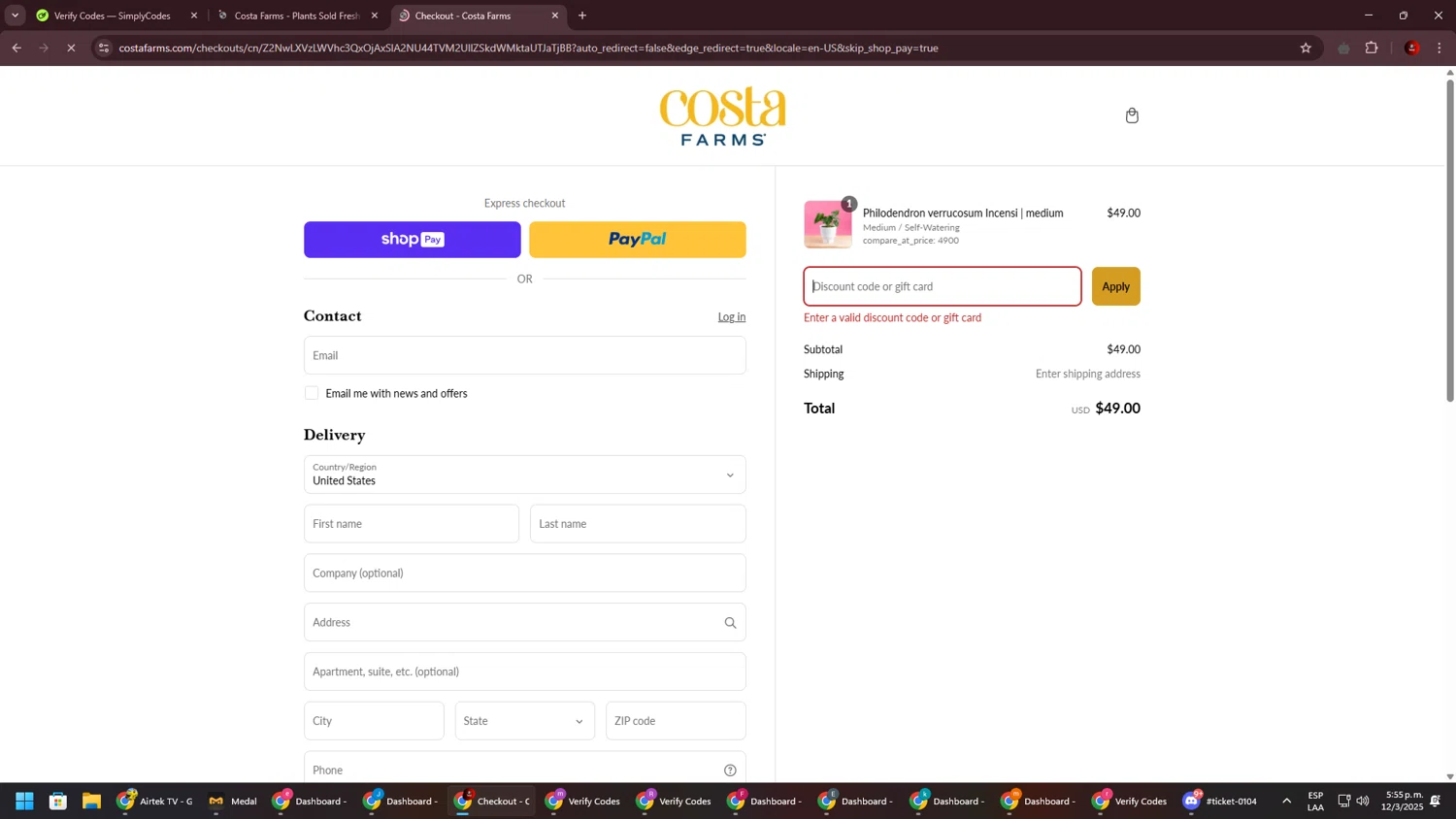Costa Farms discount code screenshot showing code BABBLE15 applied at Costa Farms checkout page. Uploaded by SimplyCodes community member BrilliantSaver7516 on Mar 12, 2025