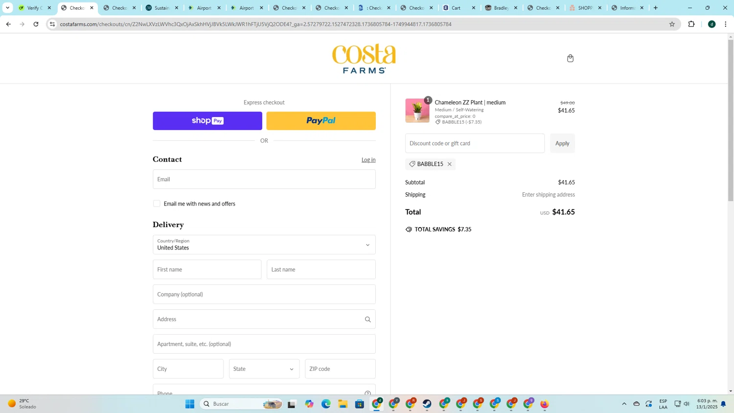 Costa Farms discount code screenshot showing code BABBLE15 applied at Costa Farms checkout page. Uploaded by SimplyCodes community member darlisiglesias on Jan 13, 2025