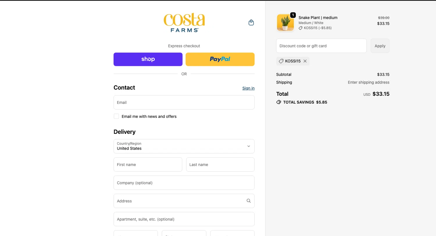 Costa Farms discount code screenshot showing code KOSSI15 applied at Costa Farms checkout page. Uploaded by SimplyCodes community member ELOIN777 on Dec 19, 2025