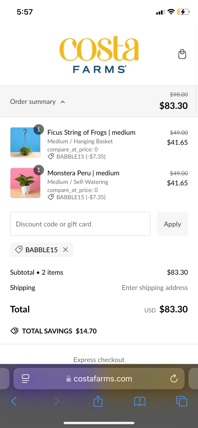 Costa Farms discount code screenshot showing code BABBLE15 applied at Costa Farms checkout page. Uploaded by SimplyCodes community member edrodriguez on Jan 13, 2025