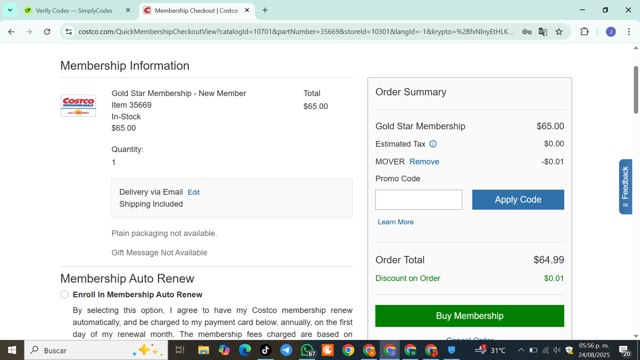 Costco checkout page showing Costco promo code box | Screenshot taken by SimplyCodes community member on Aug 24, 2025
