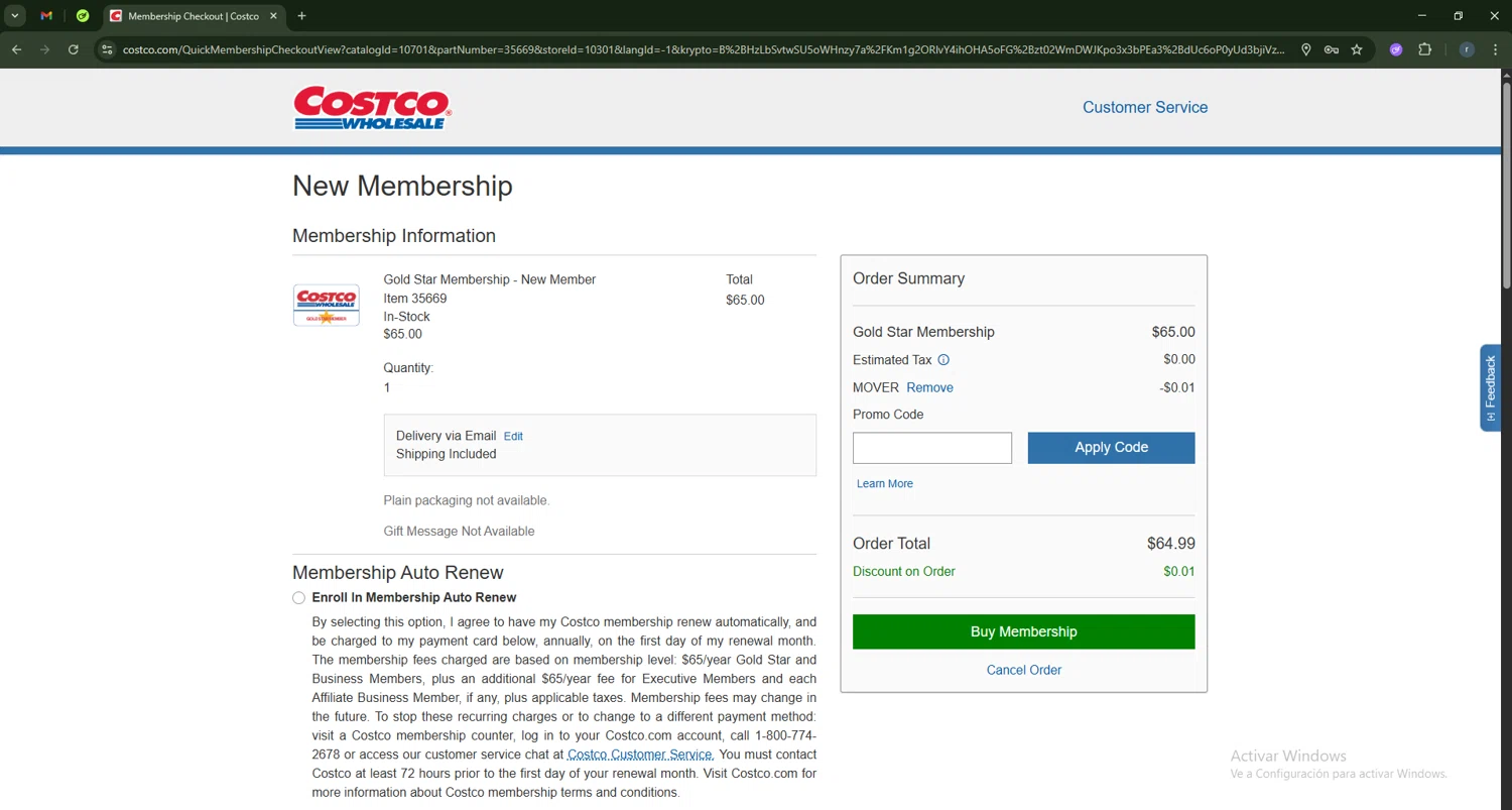 Costco promo code screenshot showing code MOVER applied at Costco checkout page. Uploaded by SimplyCodes community member RamonAlexander on Jul 20, 2025