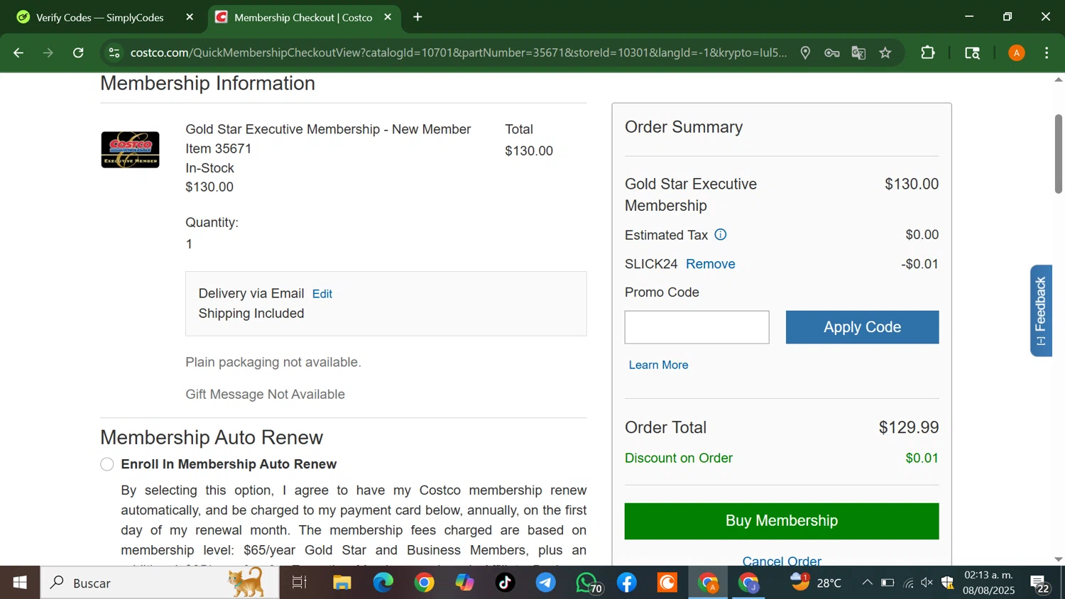 Costco promo code screenshot showing code slick24 applied at Costco checkout page. Uploaded by SimplyCodes community member AlfredoBonifacio on Aug 8, 2025