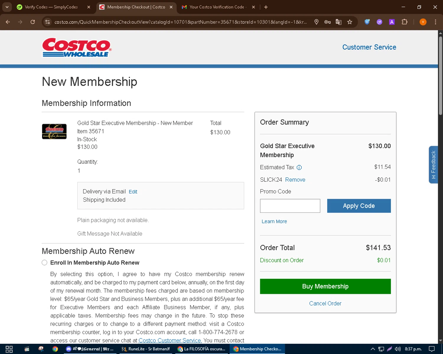 Costco promo code screenshot showing code slick24 applied at Costco checkout page. Uploaded by SimplyCodes community member bulbasaur69 on Aug 18, 2025