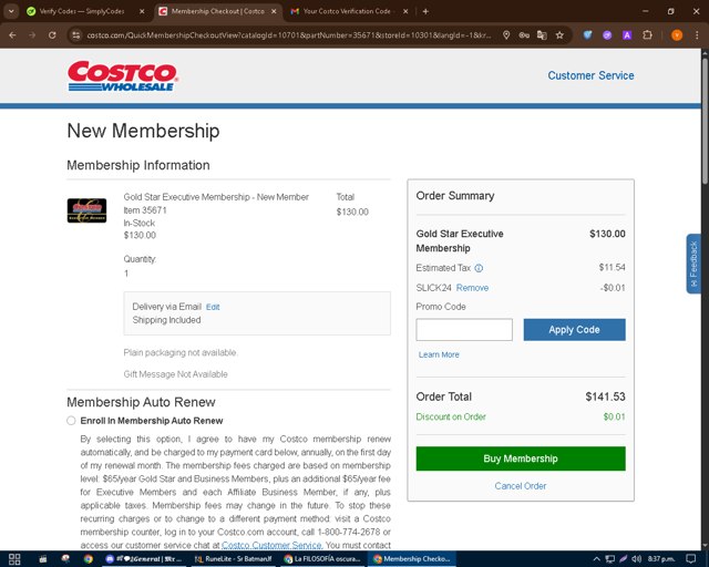 Costco checkout page showing Costco promo code box | Screenshot taken by SimplyCodes community member on Aug 18, 2025