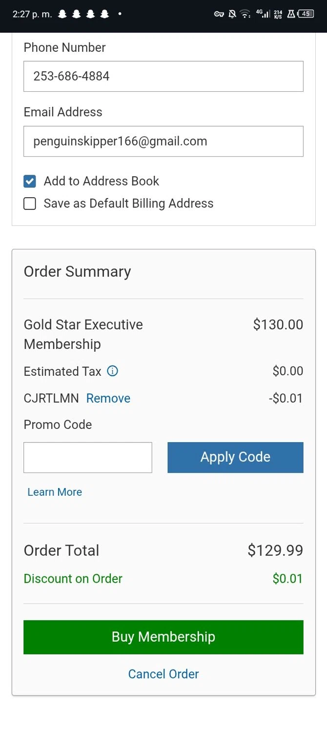 Costco promo code screenshot showing code CJRTLMN applied at Costco checkout page. Uploaded by SimplyCodes community member JandryV on Dec 28, 2025