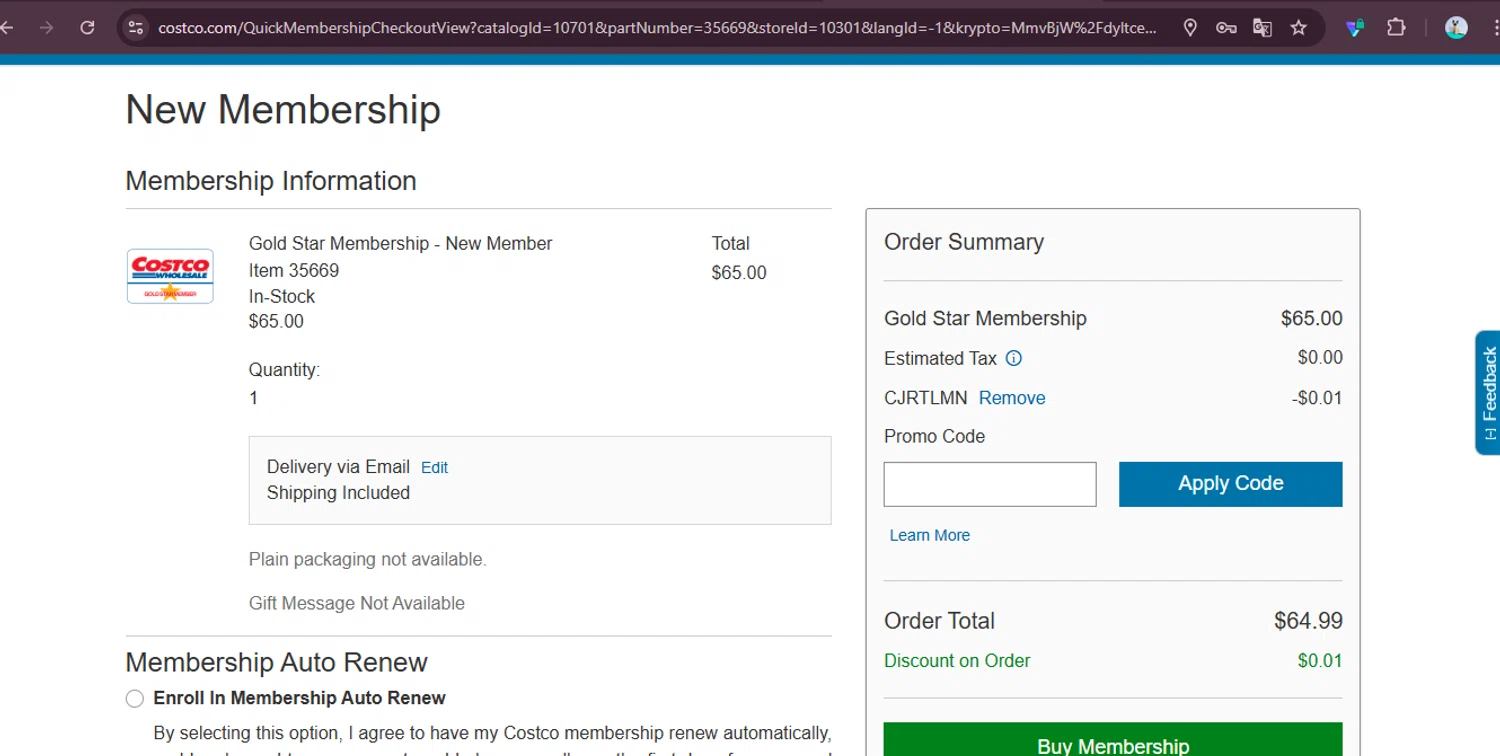 Costco promo code screenshot showing code CJRTLMN applied at Costco checkout page. Uploaded by SimplyCodes community member MoneySage8222 on Aug 2, 2025