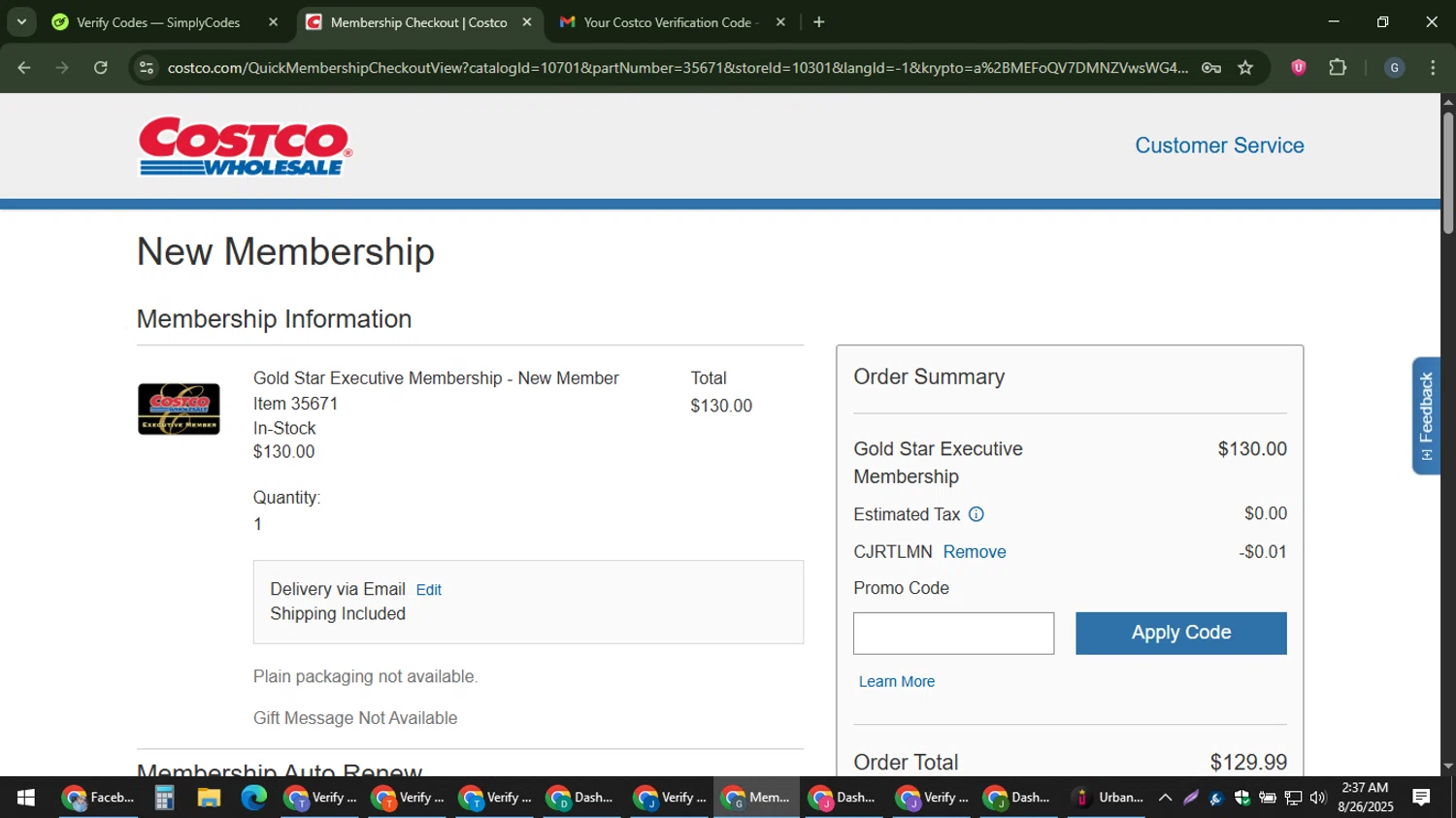 Costco promo code screenshot showing code CJRTLMN applied at Costco checkout page. Uploaded by SimplyCodes community member gabinharris55 on Aug 26, 2025