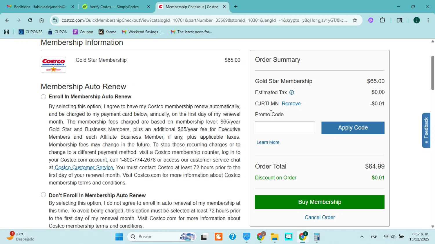 Costco promo code screenshot showing code CJRTLMN applied at Costco checkout page. Uploaded by SimplyCodes community member jorgejavierherrera on Dec 14, 2025