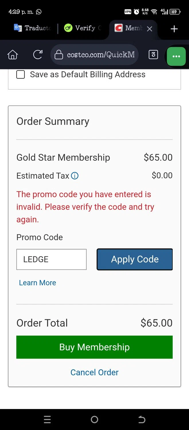 Costco promo code screenshot showing code LEDGE applied at Costco checkout page. Uploaded by SimplyCodes community member Jannyisea on Jun 22, 2025