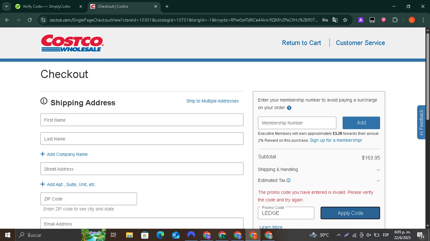 Costco promo code screenshot showing code LEDGE applied at Costco checkout page. Uploaded by SimplyCodes community member SilverCaptain7216 on Jun 22, 2025