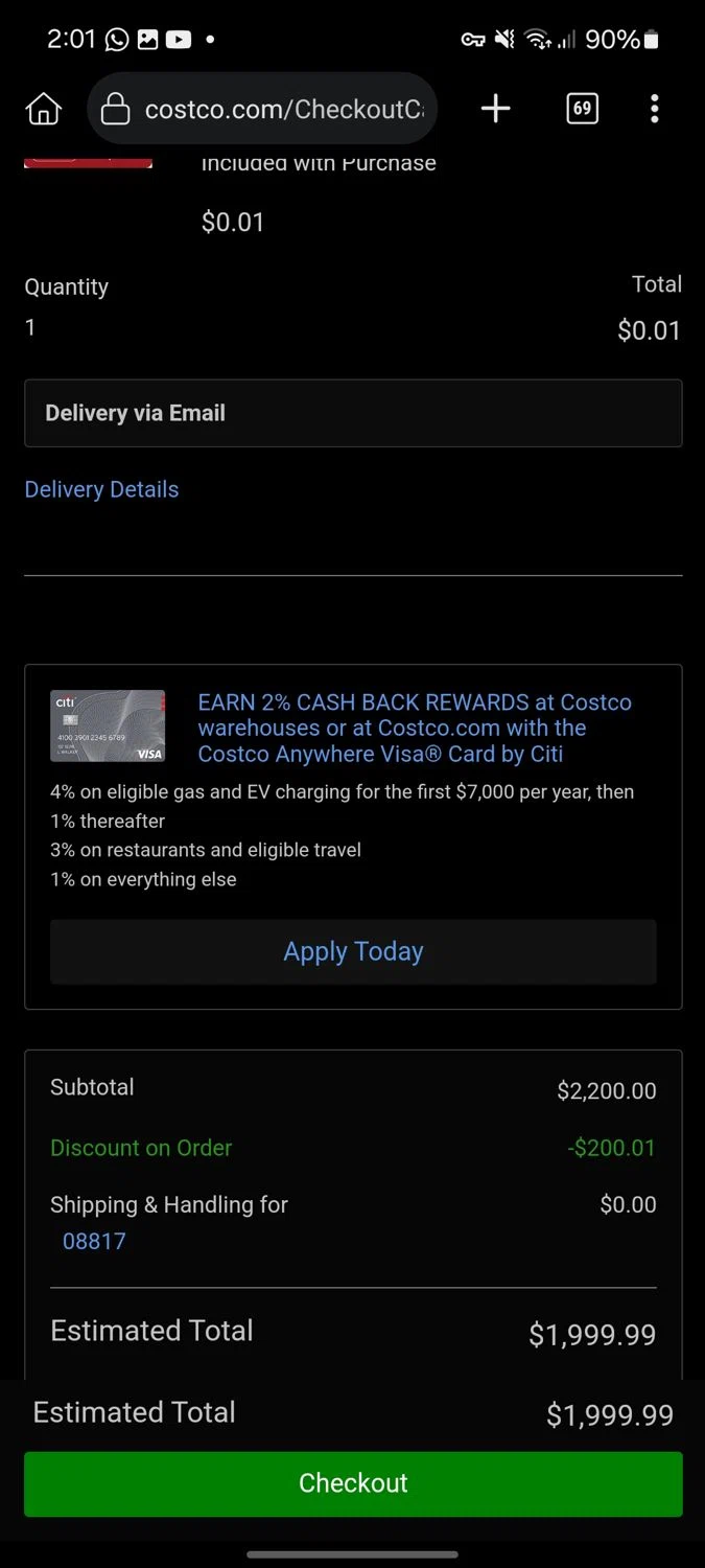 Costco Contacts Online checkout page showing Costco Contacts Online promo code box | Screenshot taken by SimplyCodes community member on Dec 24, 2024