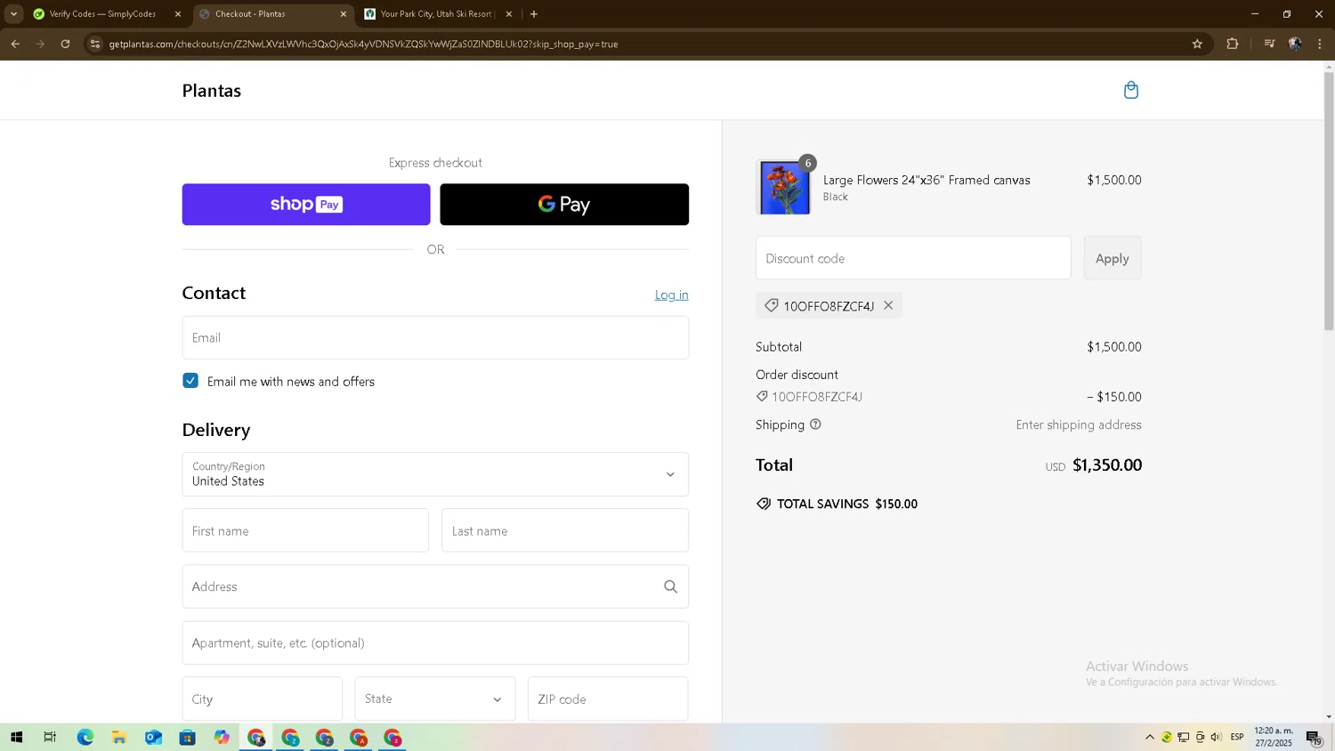 Costco Contacts Online checkout page showing Costco Contacts Online promo code box | Screenshot taken by SimplyCodes community member on Feb 27, 2025