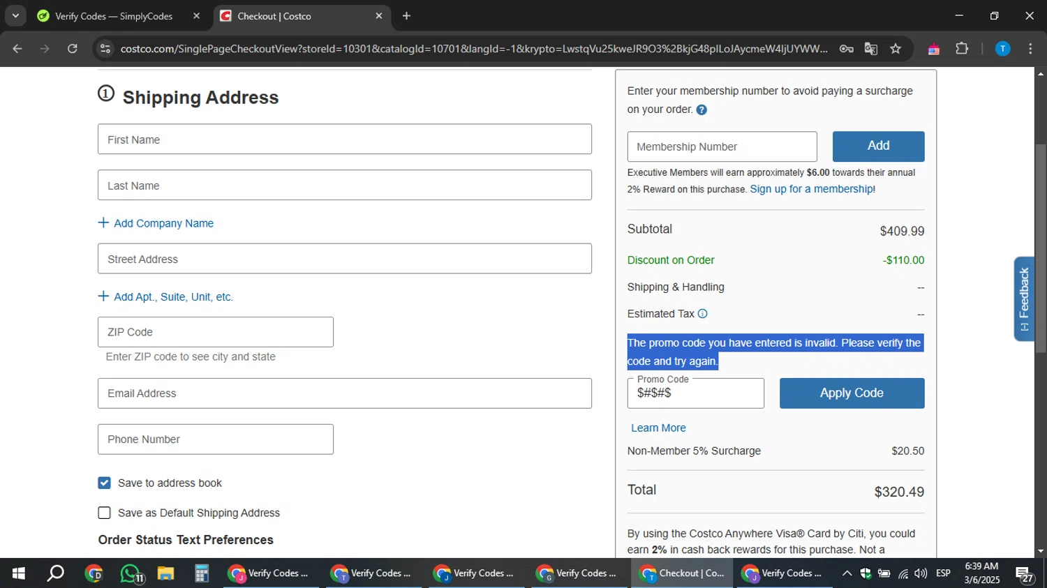 Costco Contacts Online promo code screenshot showing code KLXOUSV applied at Costco Contacts Online checkout page. Uploaded by SimplyCodes community member hankt1521 on Mar 6, 2025