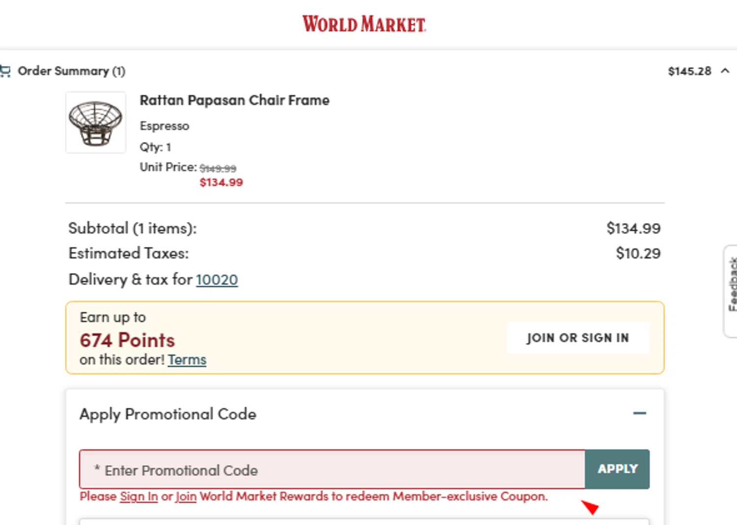 where to use World Market promo code box