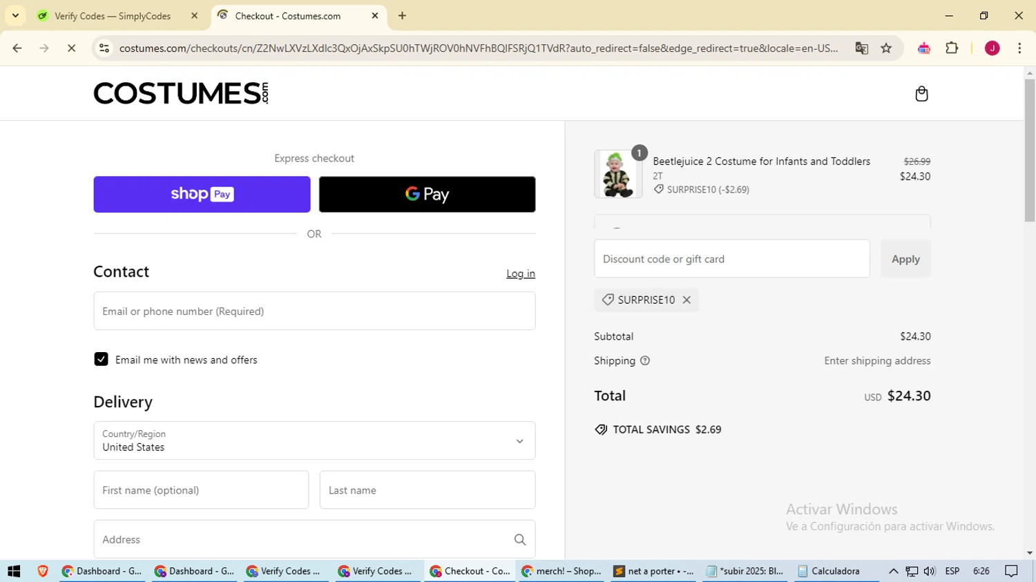 Costume Express promo code screenshot showing code SURPRISE10 applied at Costume Express checkout page. Uploaded by SimplyCodes community member CashAce3869 on Jan 29, 2025