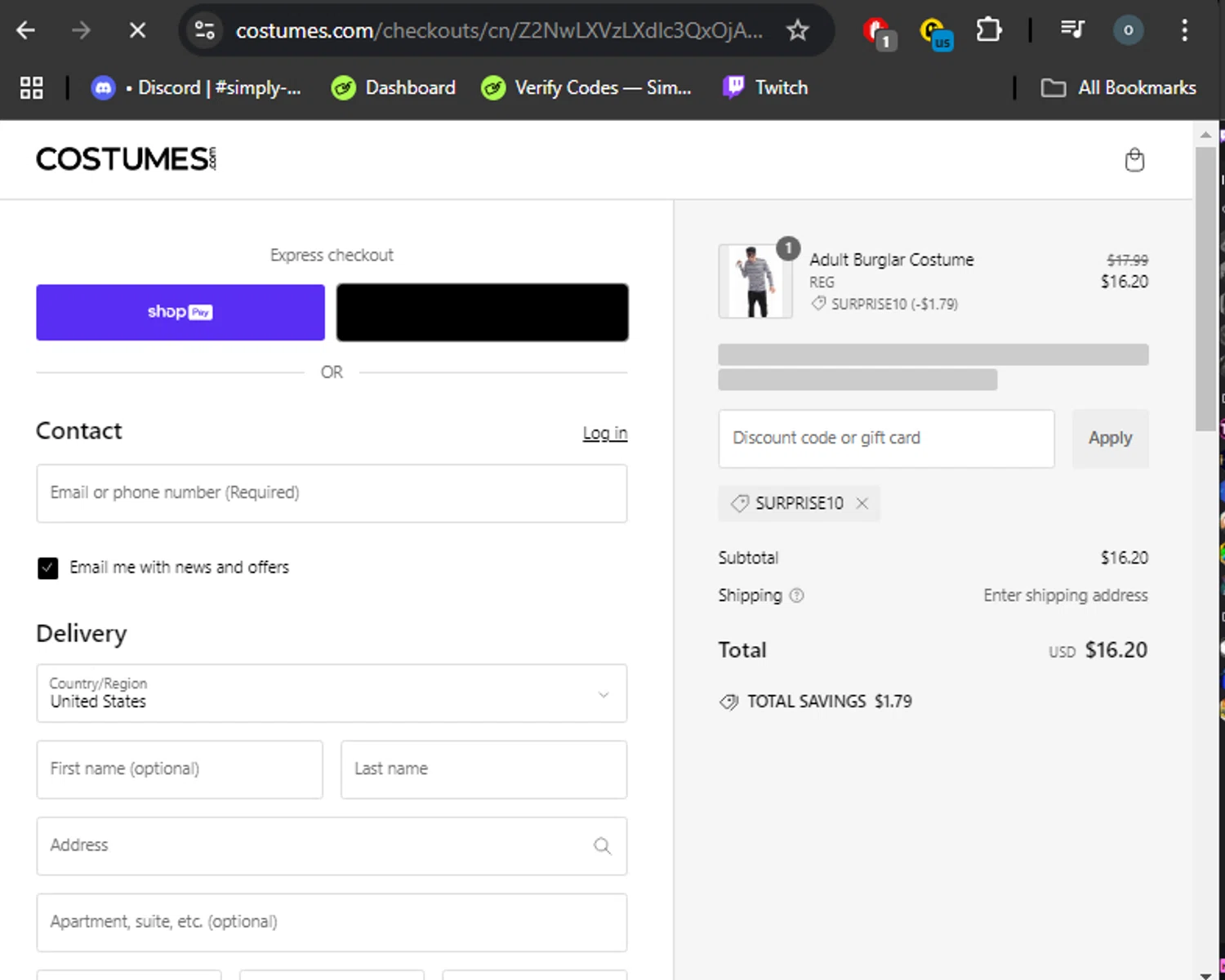 Costume Express promo code screenshot showing code SURPRISE10 applied at Costume Express checkout page. Uploaded by SimplyCodes community member DealHero3744 on Dec 31, 2024