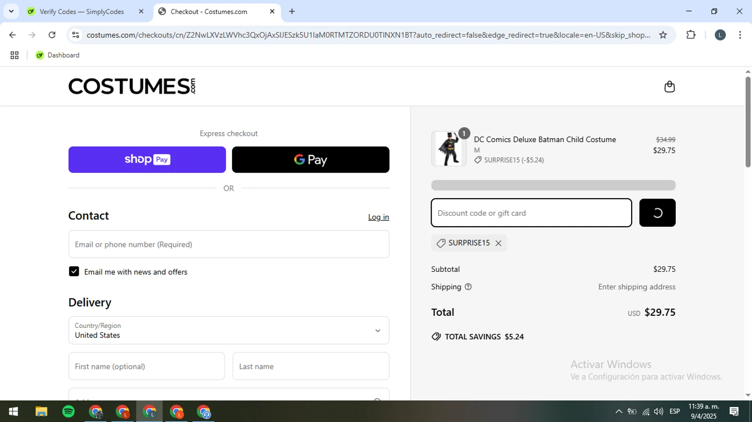 Costume Express promo code screenshot showing code SURPRISE15 applied at Costume Express checkout page. Uploaded by SimplyCodes community member RewardExpert2936 on Apr 9, 2025