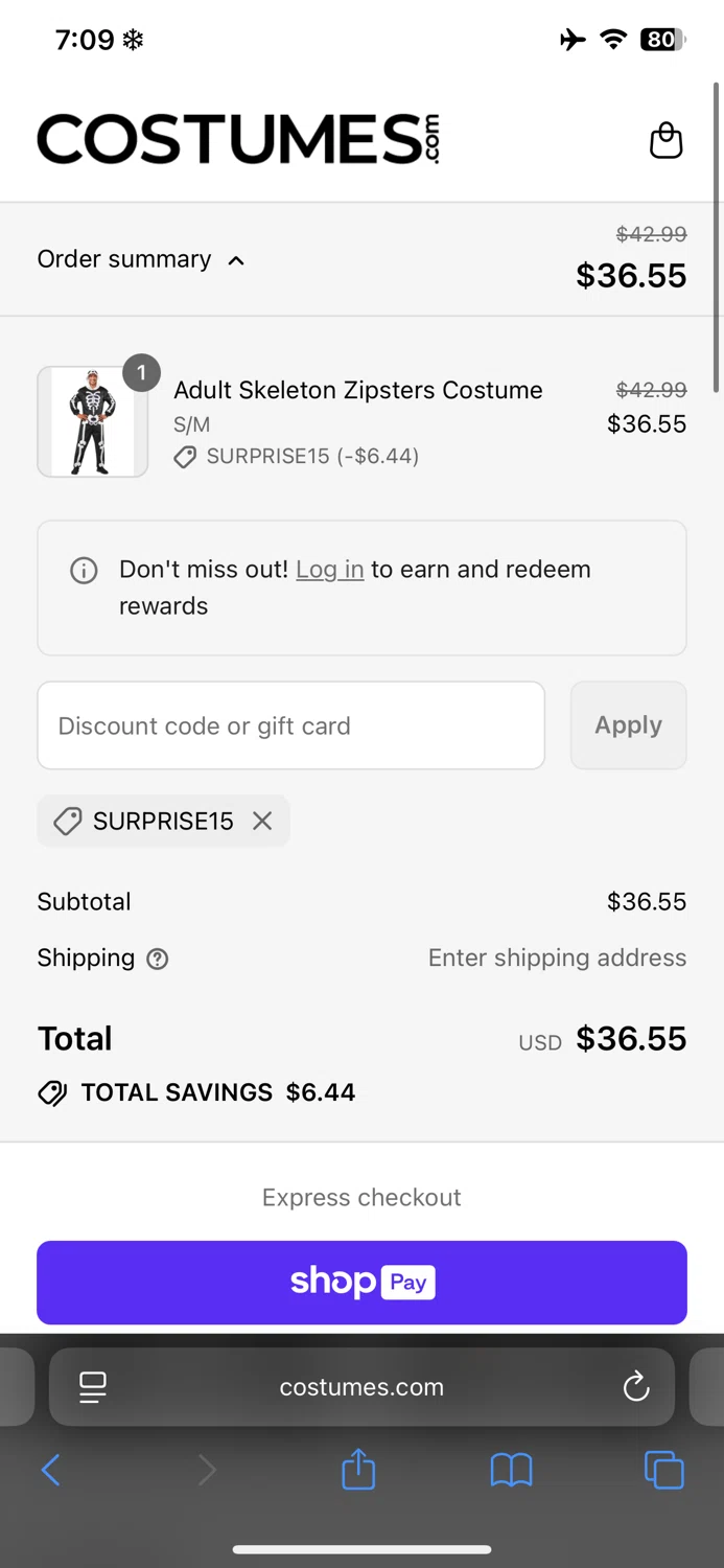 Costume Express promo code screenshot showing code SURPRISE15 applied at Costume Express checkout page. Uploaded by SimplyCodes community member naimbethak on Aug 13, 2025