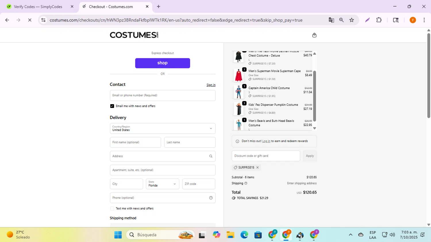 Costume Express promo code screenshot showing code SURPRISE15 applied at Costume Express checkout page. Uploaded by SimplyCodes community member ycg487 on Oct 7, 2025