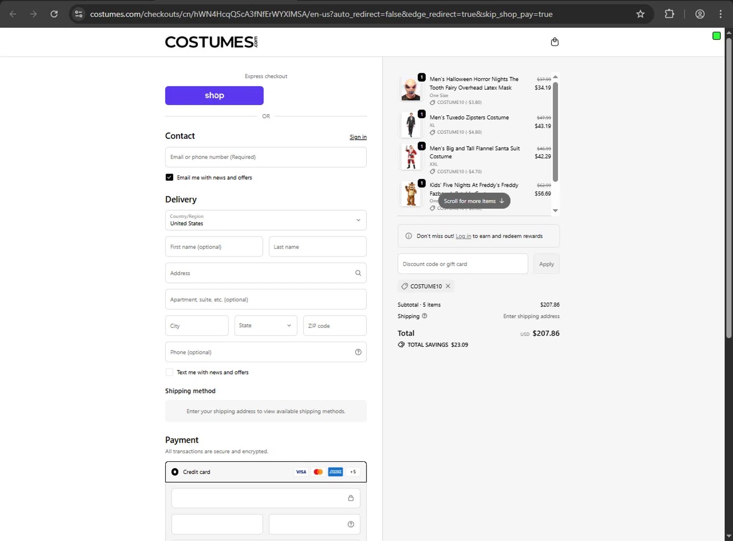 Costume Express promo code screenshot showing code COSTUME10 applied at Costume Express checkout page. Uploaded by SimplyCodes community member QuestScholar1789 on Oct 19, 2025