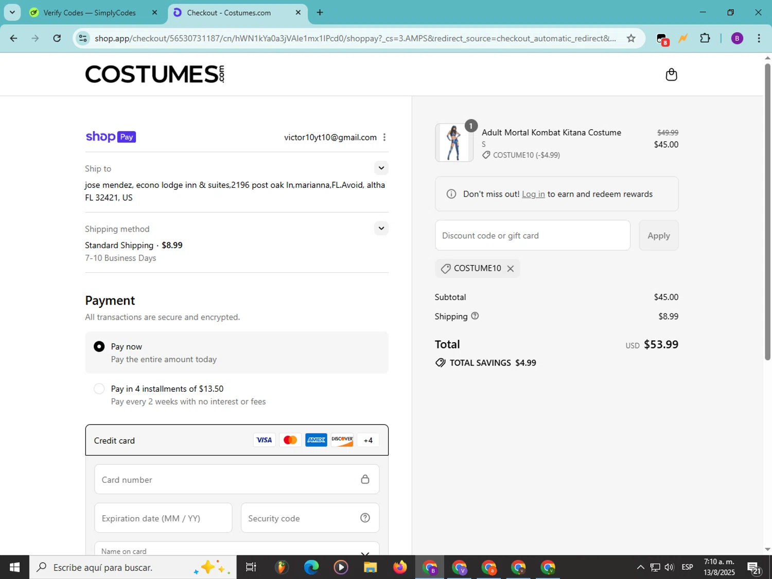 Costume Express promo code screenshot showing code COSTUME10 applied at Costume Express checkout page. Uploaded by SimplyCodes community member Soyvictor on Aug 13, 2025