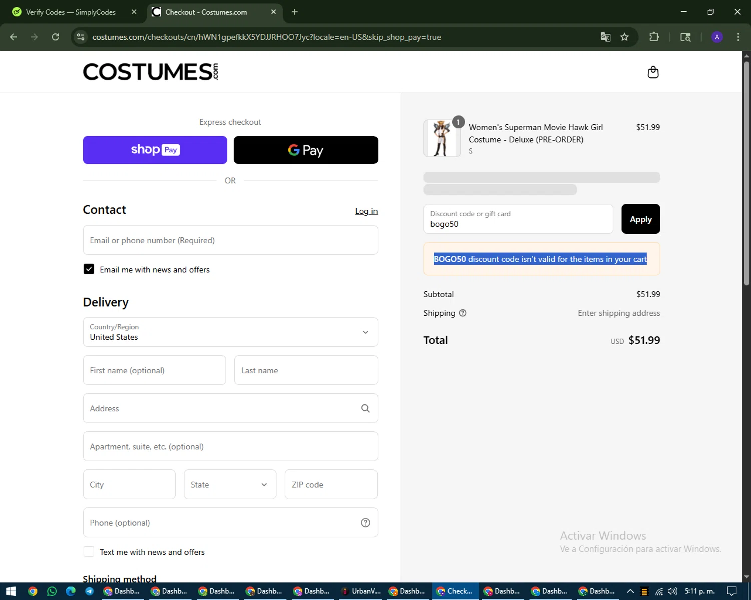 Costumes.com discount code screenshot showing code bogo50 applied at Costumes.com checkout page. Uploaded by SimplyCodes community member MagnificentWarden4603 on Aug 11, 2025