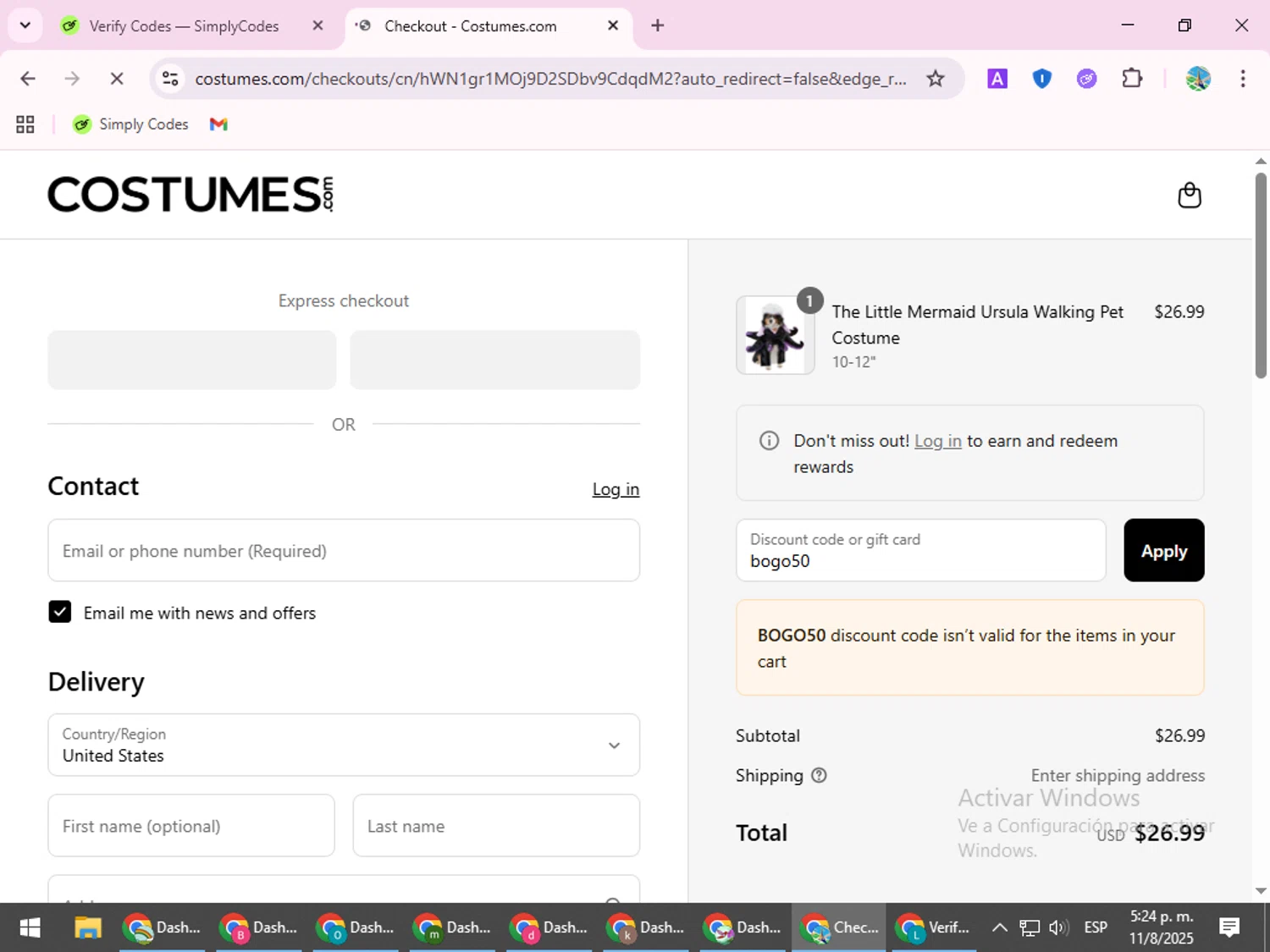 Costumes.com discount code screenshot showing code bogo50 applied at Costumes.com checkout page. Uploaded by SimplyCodes community member ShrewdSpotter4101 on Aug 11, 2025