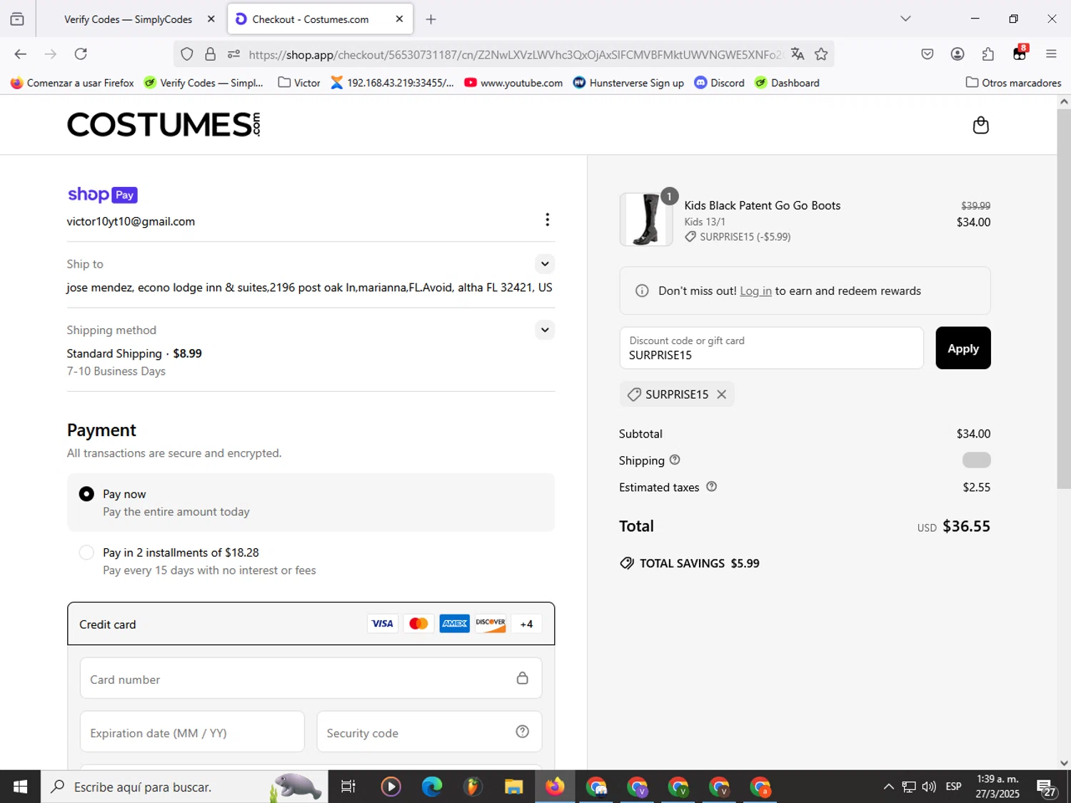 Costumes.com discount code screenshot showing code SURPRISE15 applied at Costumes.com checkout page. Uploaded by SimplyCodes community member Garou_Y2K on Mar 27, 2025