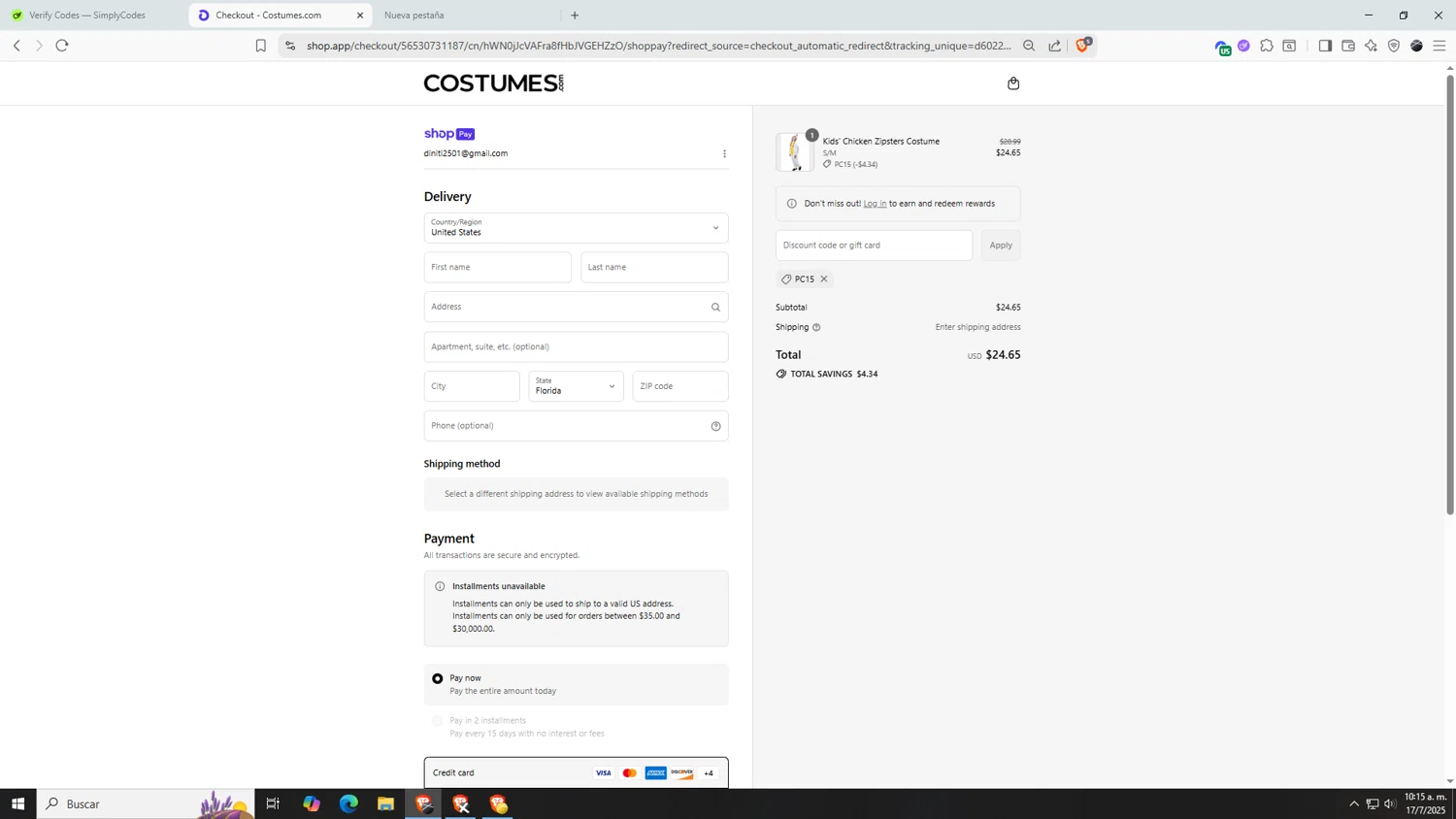 Costumes.com discount code screenshot showing code PC15 applied at Costumes.com checkout page. Uploaded by SimplyCodes community member AnthonyGTX on Jul 17, 2025