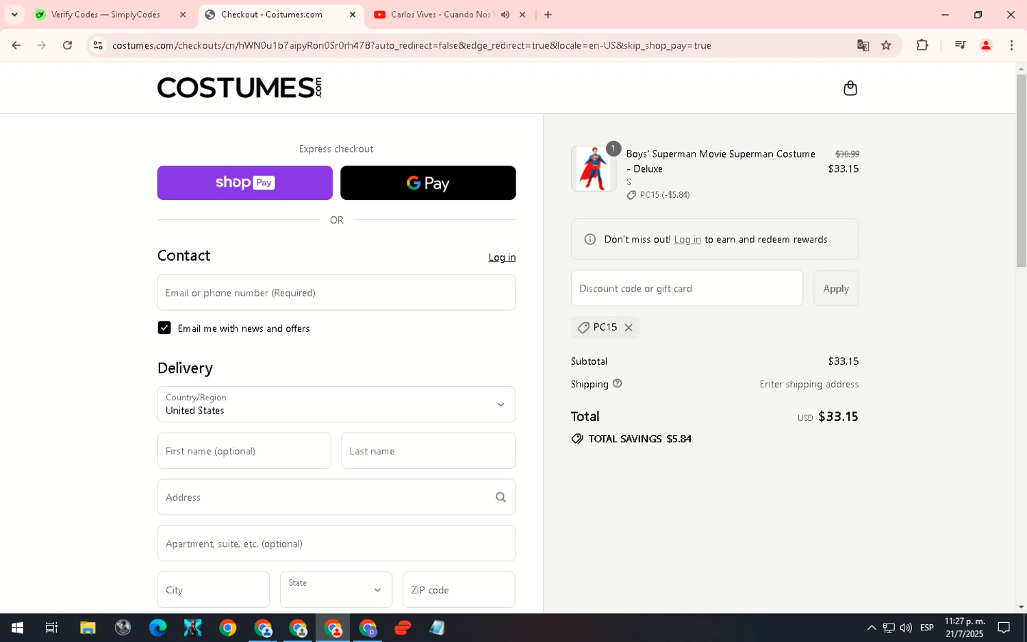 Costumes.com discount code screenshot showing code PC15 applied at Costumes.com checkout page. Uploaded by SimplyCodes community member WiseHero7115 on Jul 22, 2025