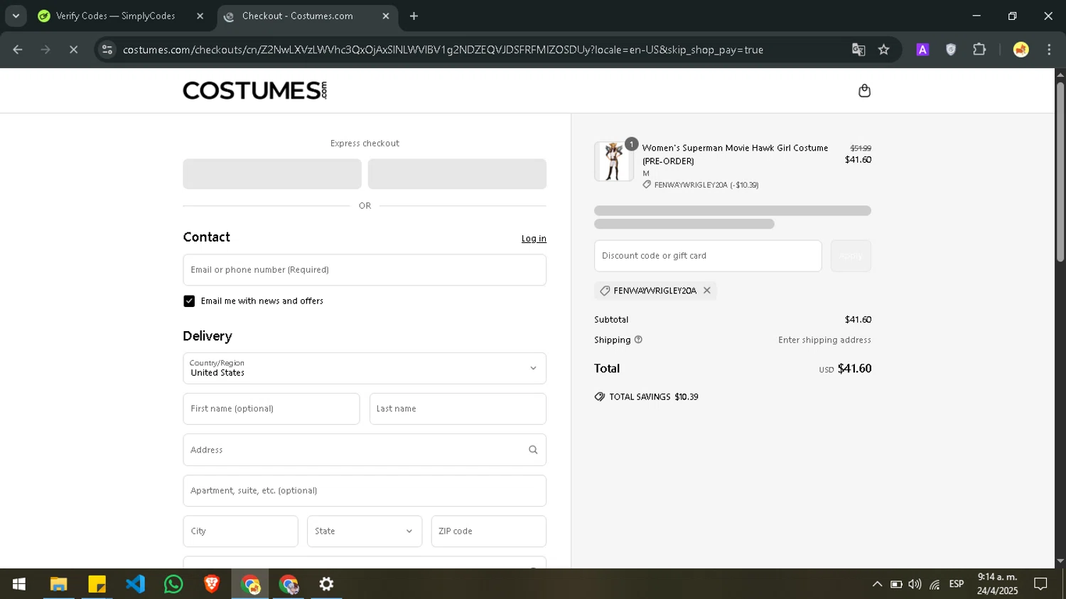 Costumes.com discount code screenshot showing code FENWAYWRIGLEY20A applied at Costumes.com checkout page. Uploaded by SimplyCodes community member Moisesdk0 on Apr 24, 2025