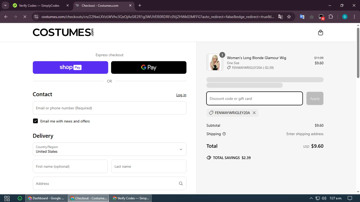 Costumes.com discount code screenshot showing code FENWAYWRIGLEY20A applied at Costumes.com checkout page. Uploaded by SimplyCodes community member PromoMonarch5278 on Mar 25, 2025