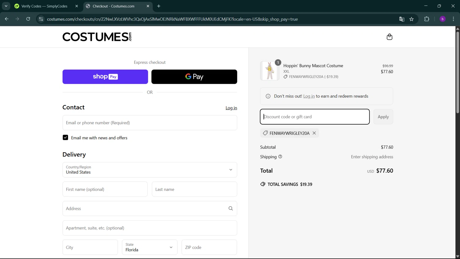 Costumes.com discount code screenshot showing code FENWAYWRIGLEY20A applied at Costumes.com checkout page. Uploaded by SimplyCodes community member RoyalSleuth2430 on Apr 16, 2025