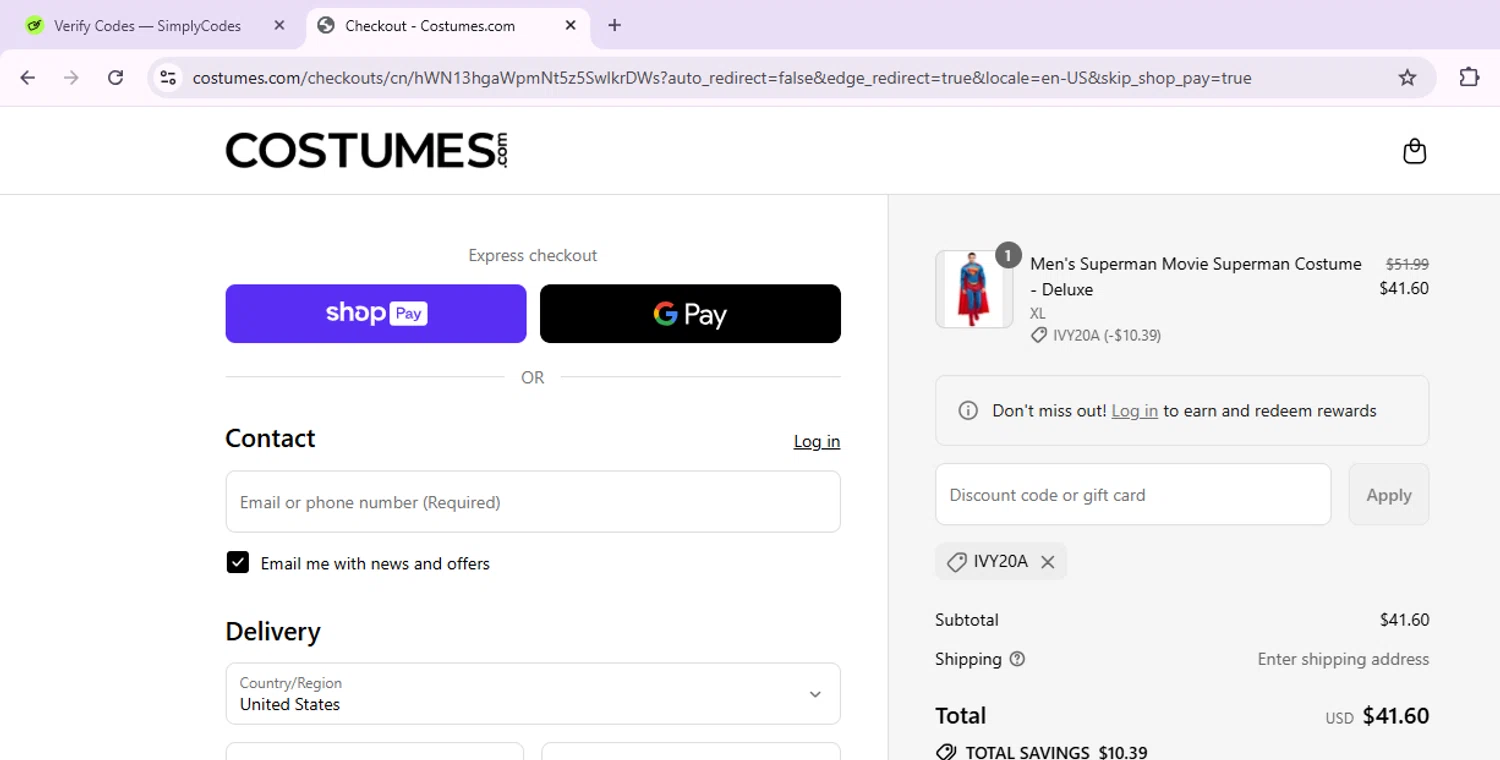 Costumes.com discount code screenshot showing code IVY20A applied at Costumes.com checkout page. Uploaded by SimplyCodes community member Morketools on Jul 26, 2025