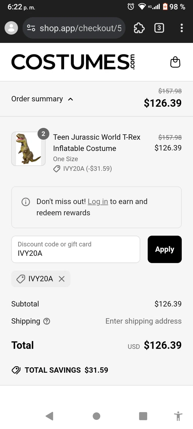 Costumes.com discount code screenshot showing code IVY20A applied at Costumes.com checkout page. Uploaded by SimplyCodes community member Myrulesmagazine23 on Apr 16, 2025