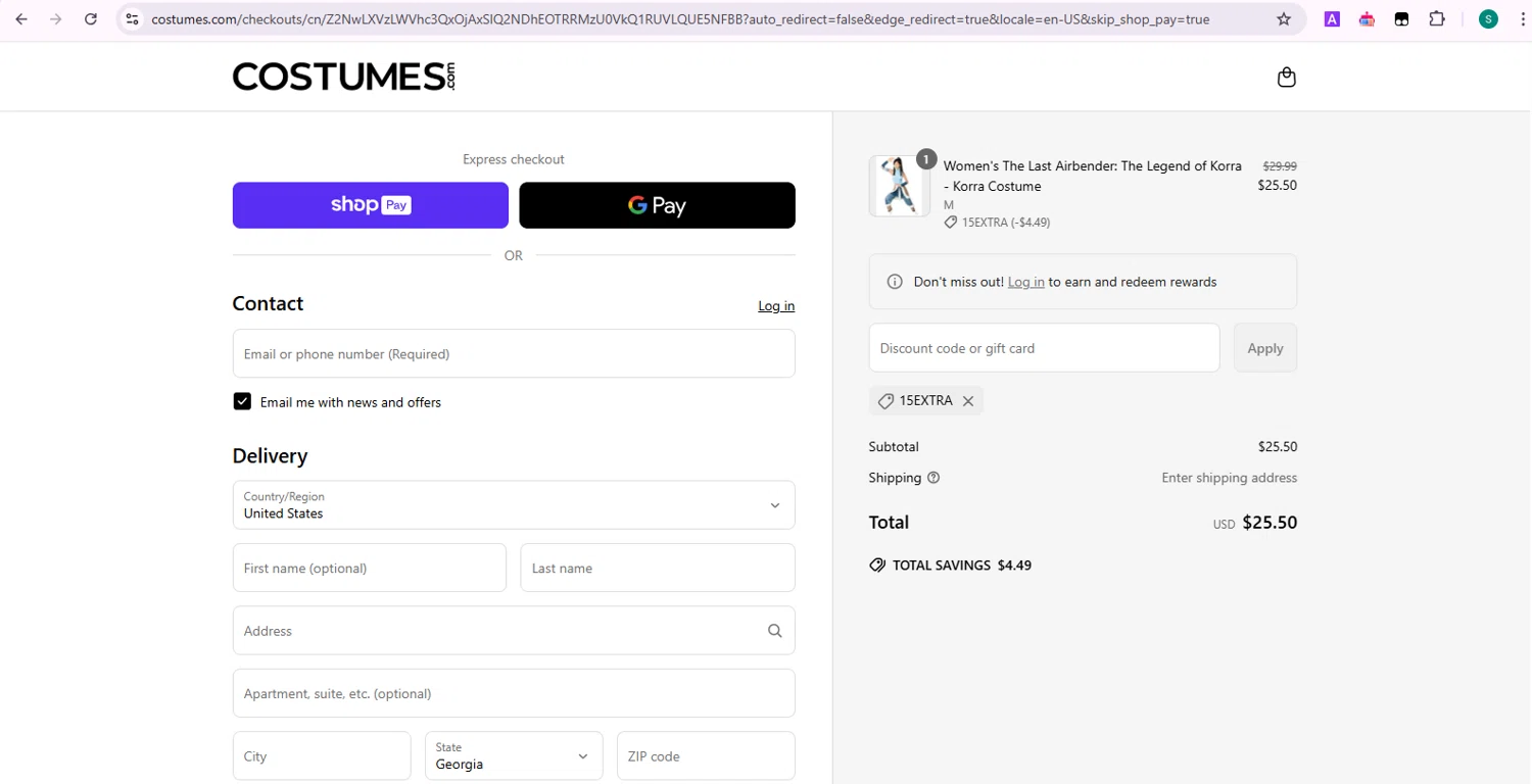 Costumes.com discount code screenshot showing code 15EXTRA applied at Costumes.com checkout page. Uploaded by SimplyCodes community member Samu10 on May 1, 2025