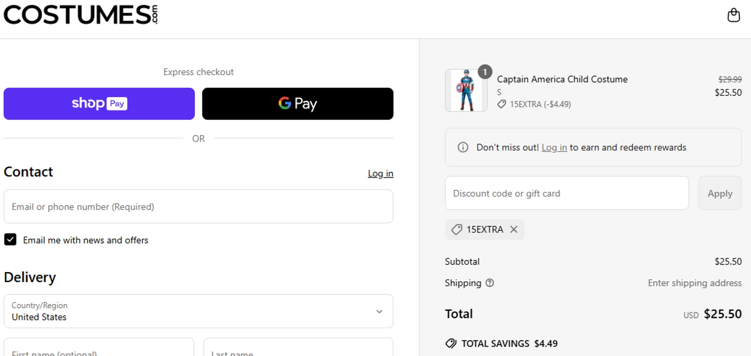 Costumes.com discount code screenshot showing code 15EXTRA applied at Costumes.com checkout page. Uploaded by SimplyCodes community member GloriousCollector9521 on Mar 25, 2025