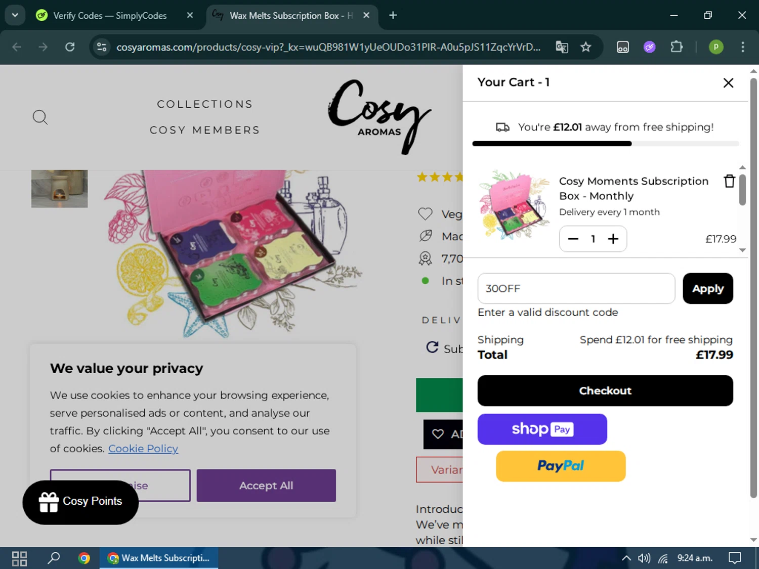 Cosy Candles promo code screenshot showing code 30OFF applied at Cosy Candles checkout page. Uploaded by SimplyCodes community member Doncangrejo on Jul 12, 2025